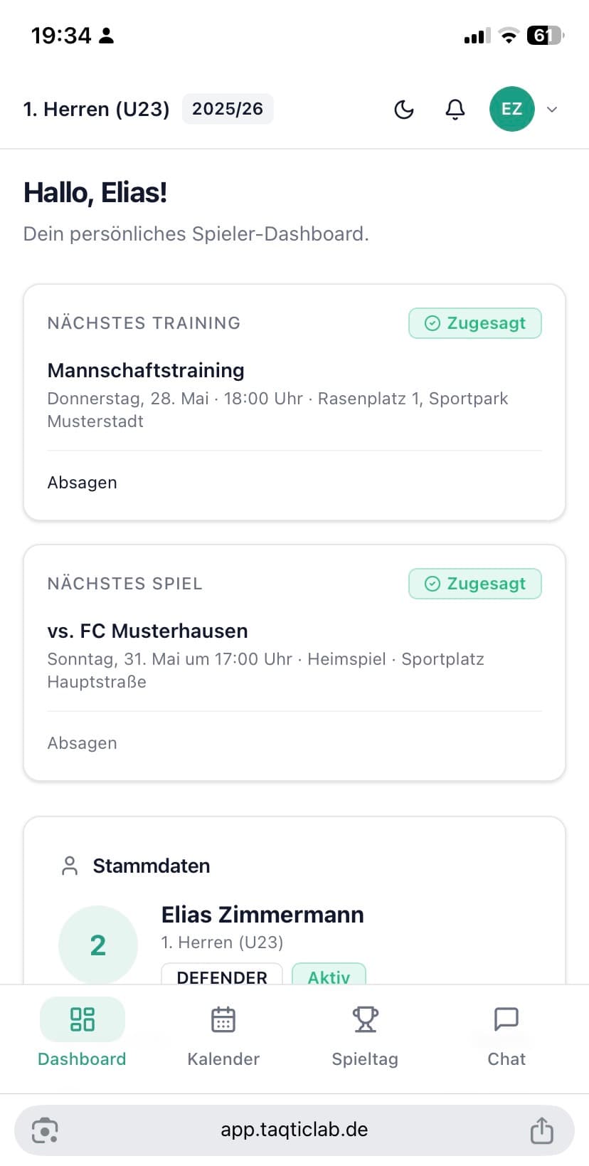 Taqticlab Spieler-App – Persönliches Dashboard auf dem iPhone